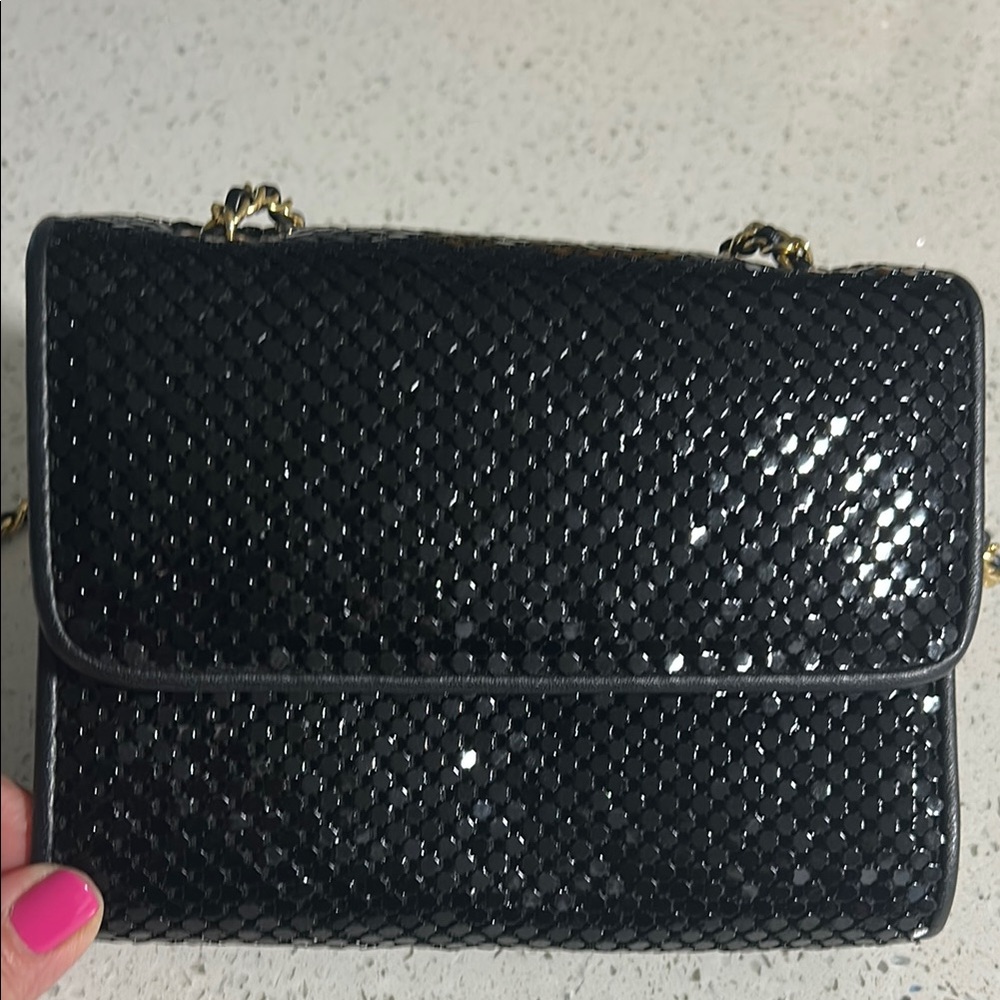 Whiting and Davis Chic Black Woven Crossbody Bag.